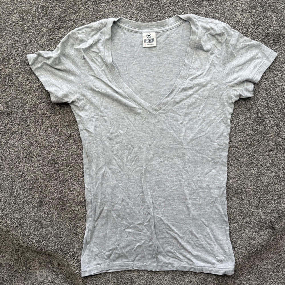 Pink Victorias Secret Women y2k Small Grey V-Neck Short Sleeve T-Shirt Heathered